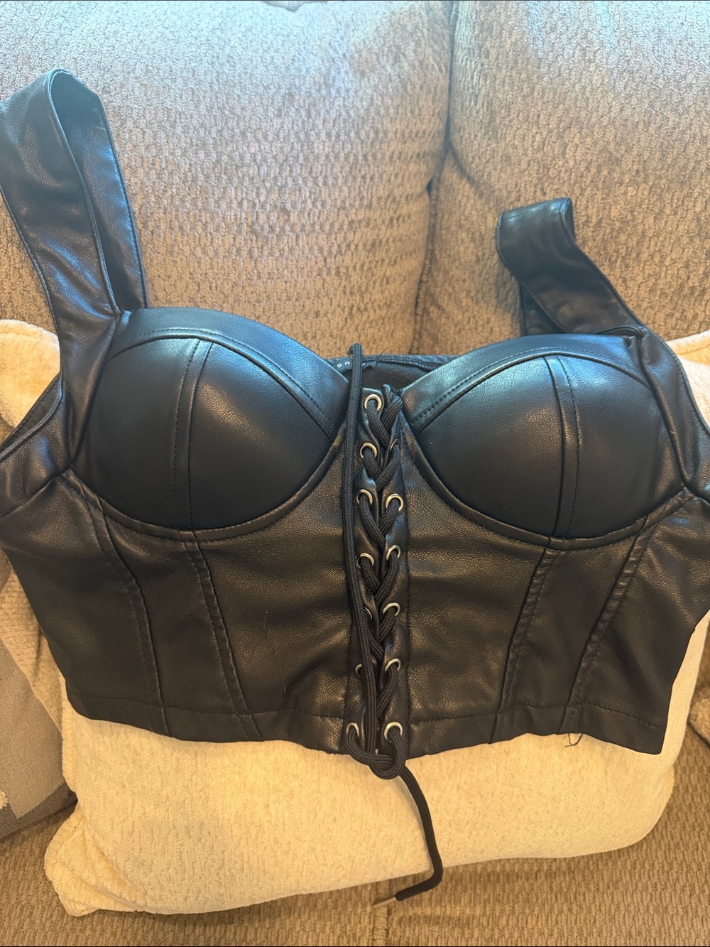 Haute Monde Black Faux Leather Lace-Up Crop Bustier Top